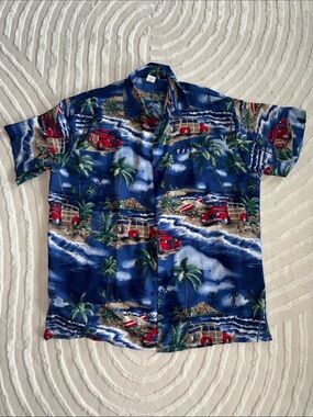 Ina Blue Hawaiian Surf Print Button-Down Shirt with Red Vans - 100% Terivoile